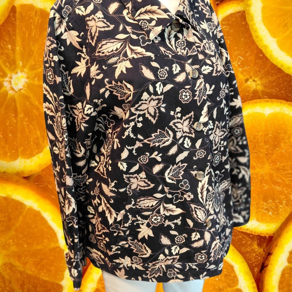 Appleseeds Womens XL Black Floral Button Up Collared Long Sleeve‎ Cotton Jacket
